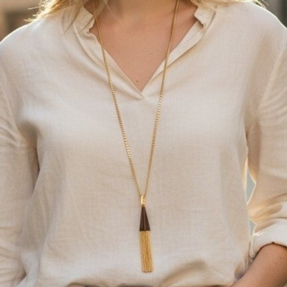 Julie‎ B. Signed Statement Necklace Womens 28" Gold Tone Chain Tassel Pendant